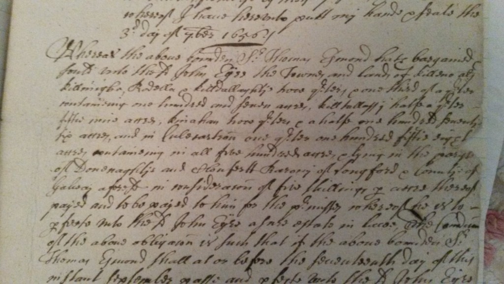 Joh Eyre's purchase of lands of Killeno etc later Eyrecourt from Sir Thomas Esmonde Bart dated 1656