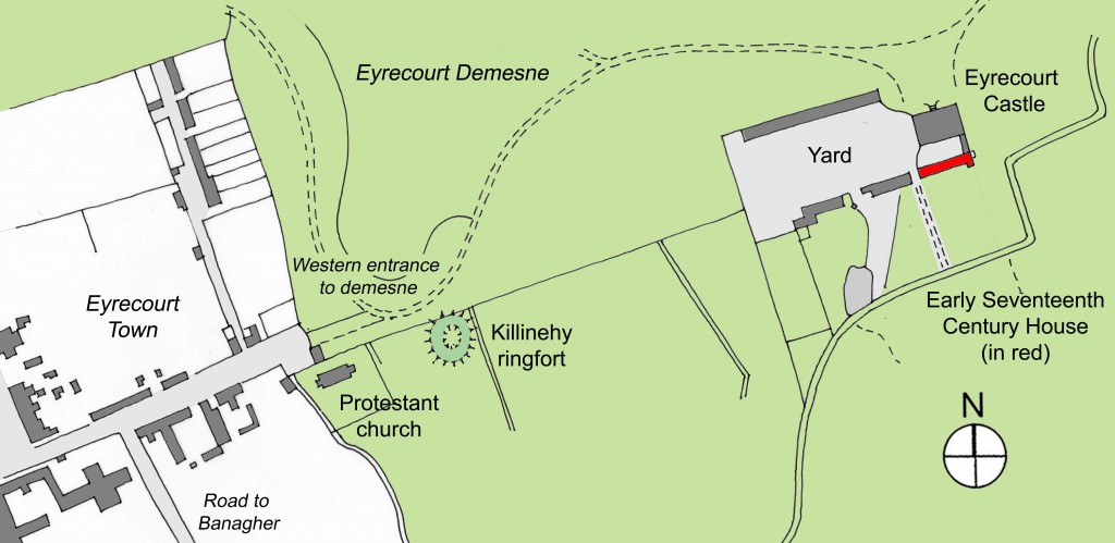 Location of earlier house in relation to Eyrecourt Castle