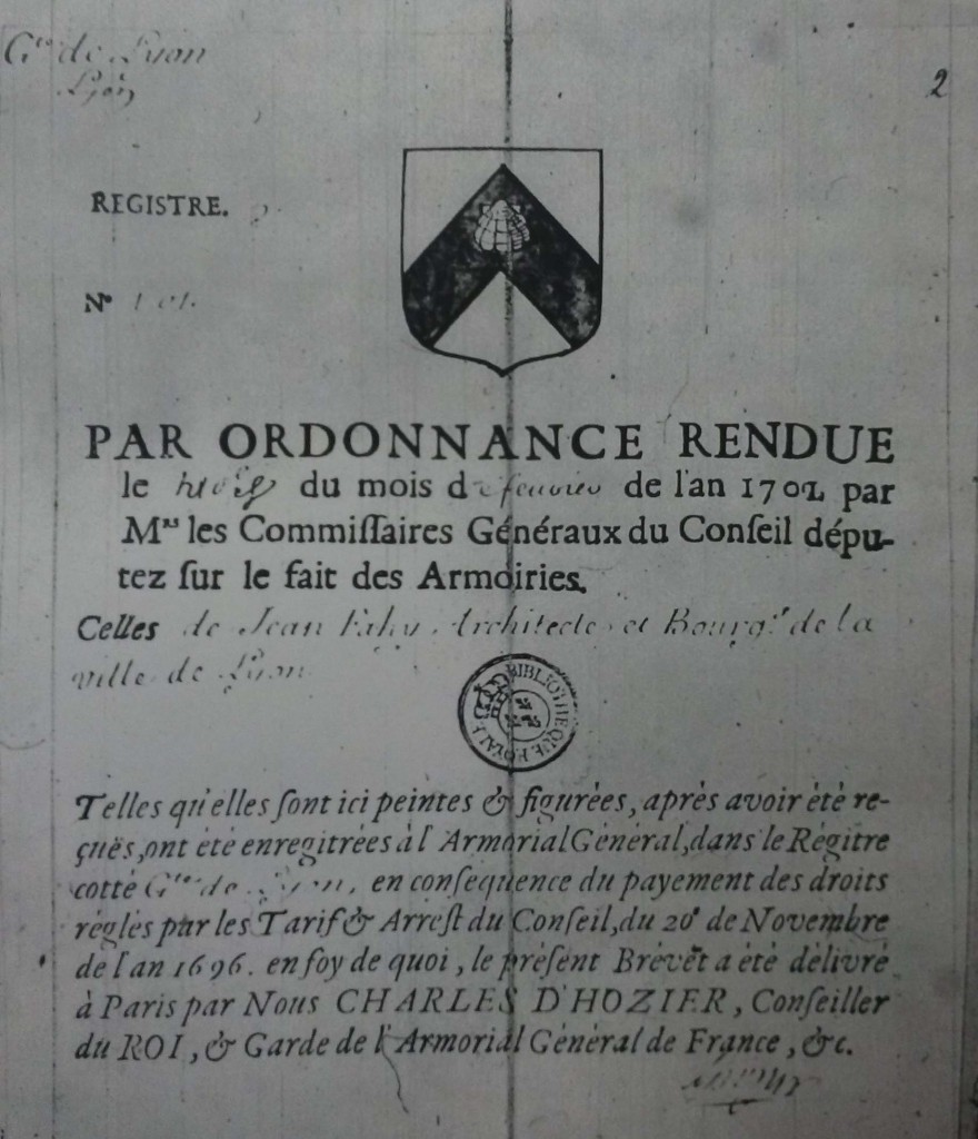 certificate of registration of arms of Jean Fahy